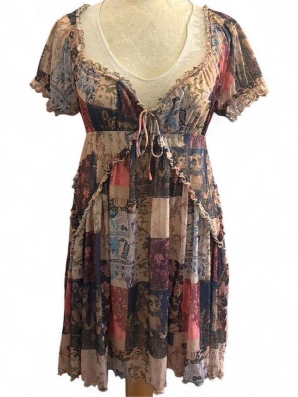 URBAN OUTFITTERS PATCHWORK BOHO Y2K RUFFLE VNECK SHINE SHORT SLEEVE DRESS